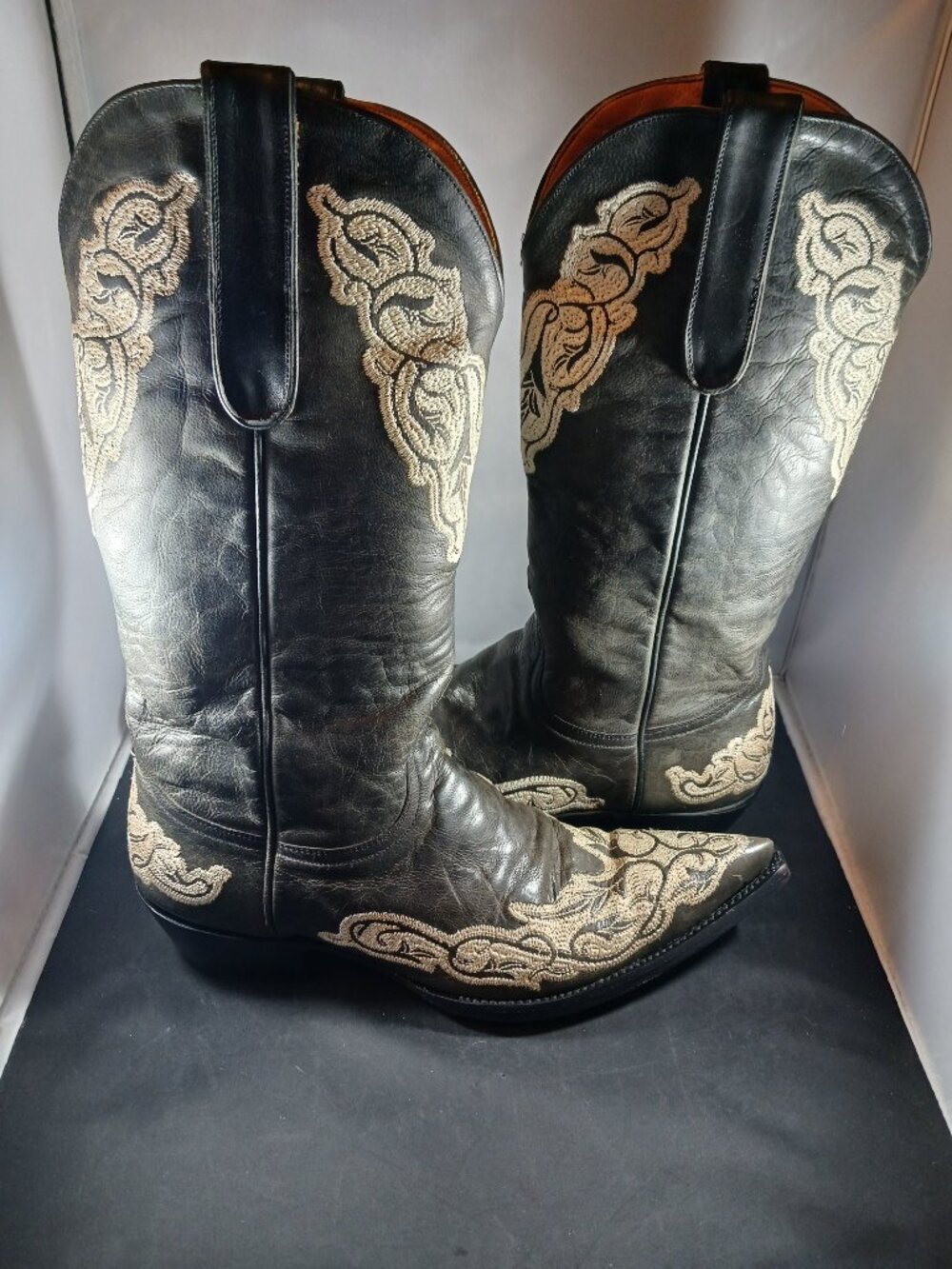 J.B. Dillon Calf Pointed Toe Black White Cowhide Leather Western Cowboy Boots 9B